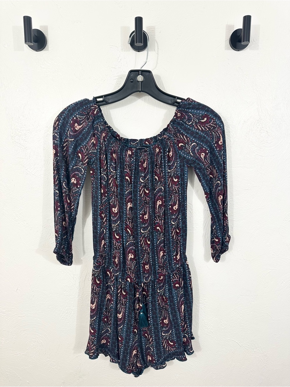 American Eagle Outfitters Navy and Burgundy Off-Shoulder Romper